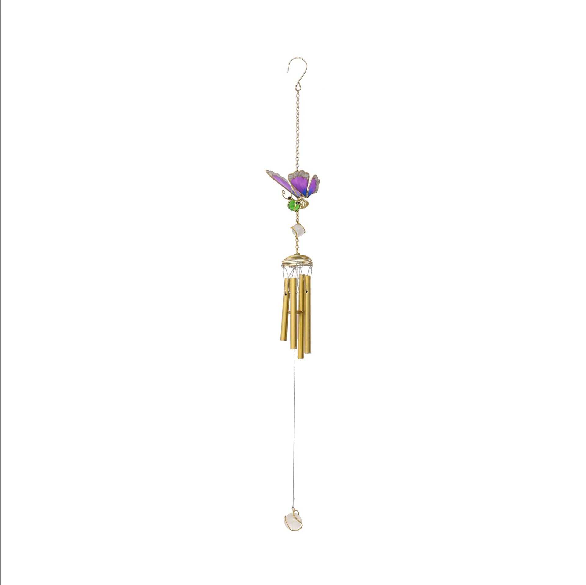 Purple glass butterfly wind chime with gold metal tubes and chain.
