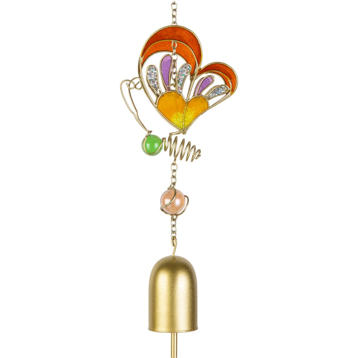 Colorful butterfly wind chime with gold accents, beads, and a brass bell.