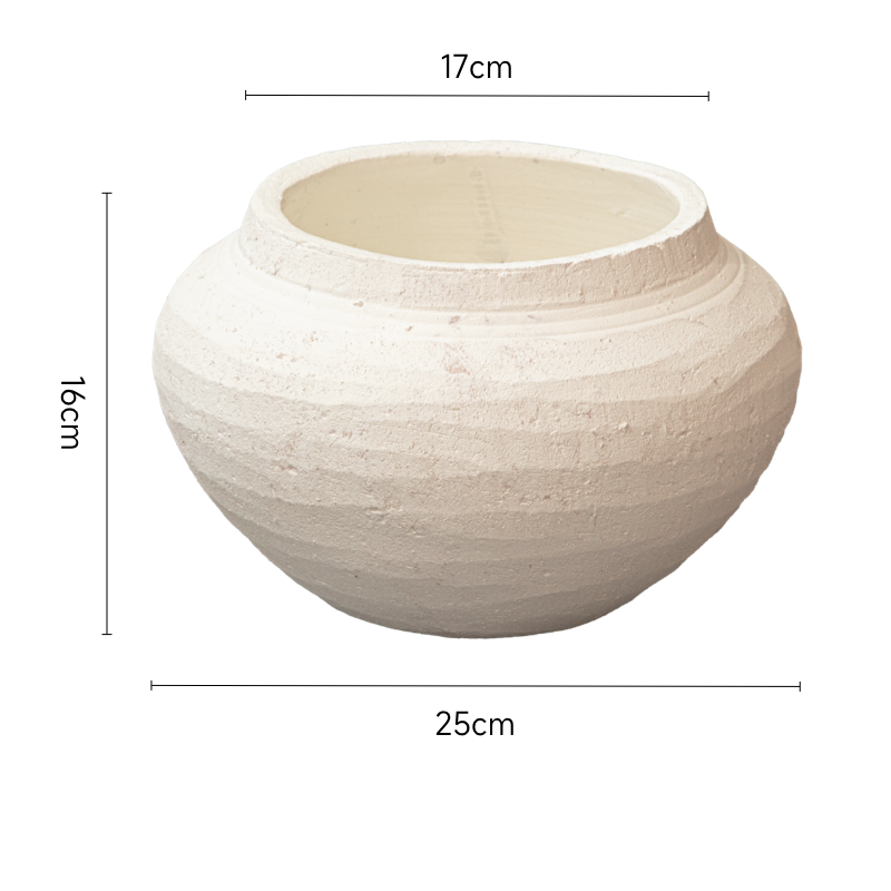 Rustic white ceramic vase, 25cm wide, for home decor