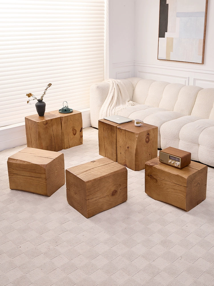 Rustic Wooden Coffee Table - Wabi-Sabi Style Log Cube Side Table