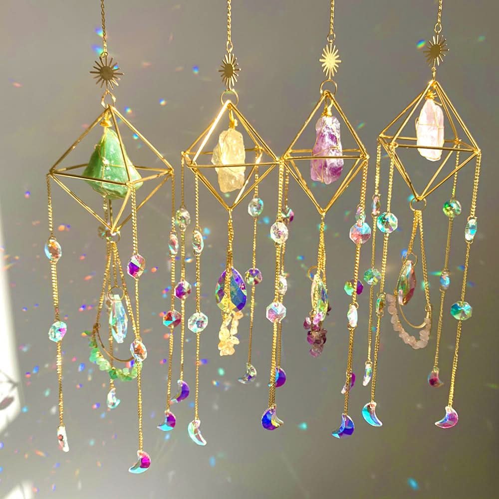 Crystal diamond sun catcher with gold geometric frames, colorful crystal beads, and crescent moon charms.