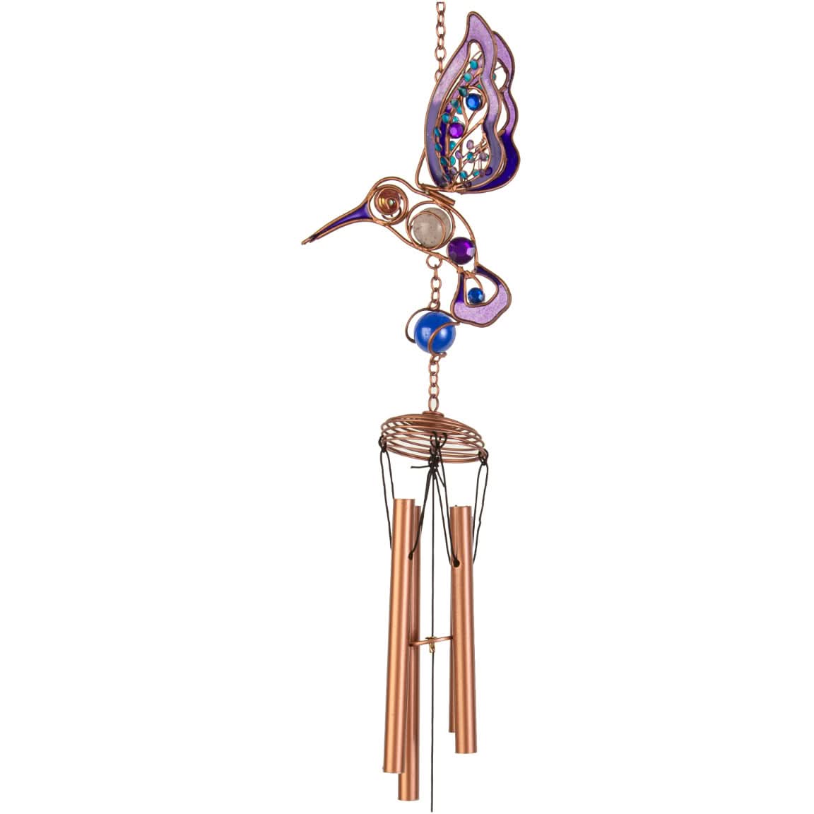 Purple butterfly & hummingbird wind chime with copper tubes, glass beads, and copper wire accents.