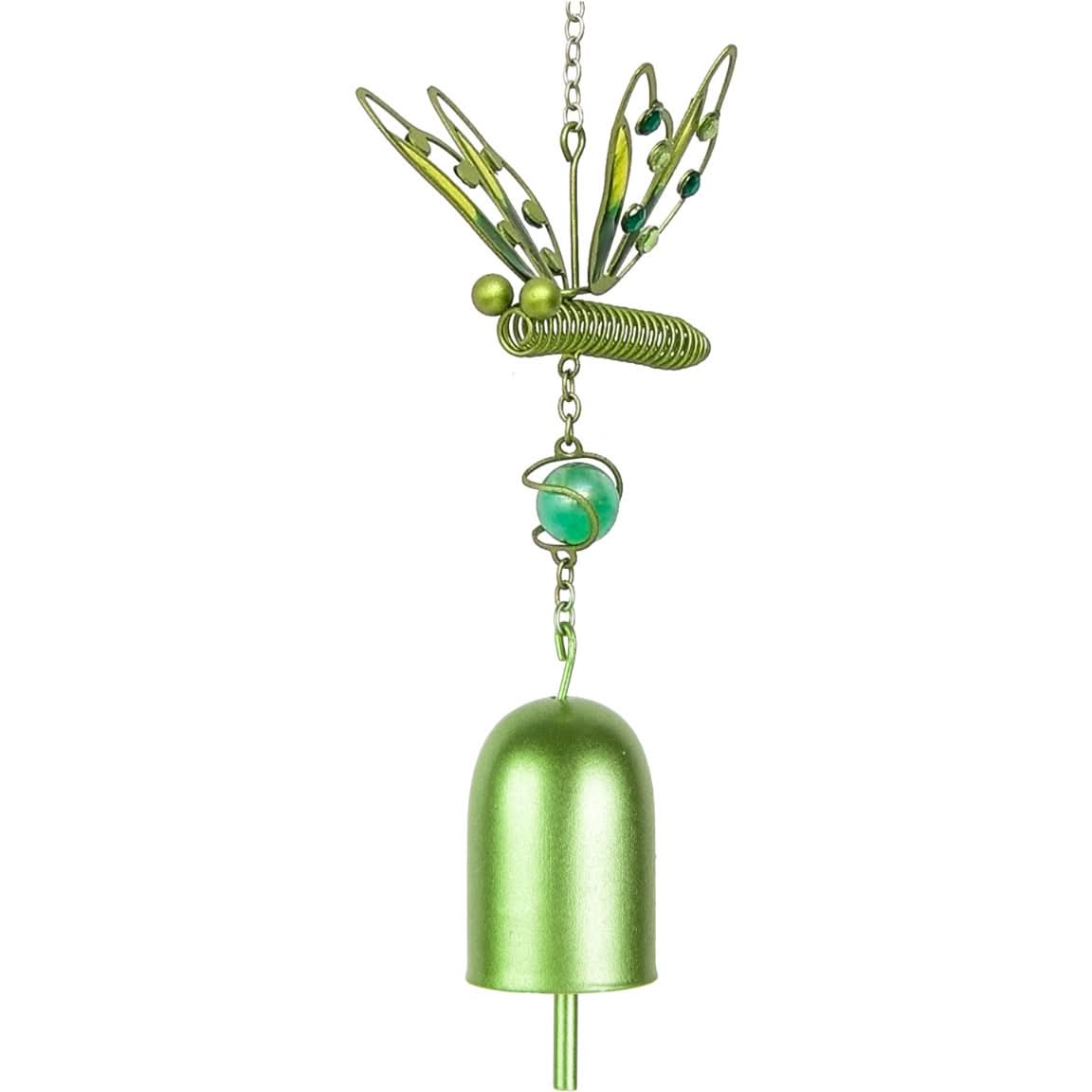 Green metal butterfly wind chime with glass bead and bell, home decor.