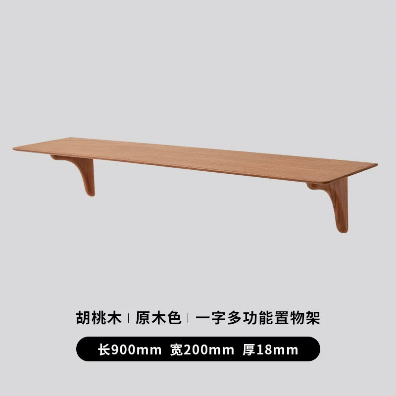 Walnut wood floating shelf, 900mm long, 200mm deep, 18mm thick, with two supports.