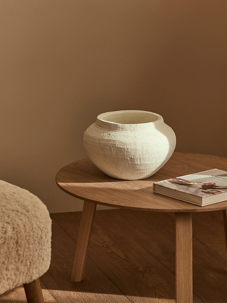 Rustic white ceramic vase on wooden table. Set of Two Vases Home Decor.