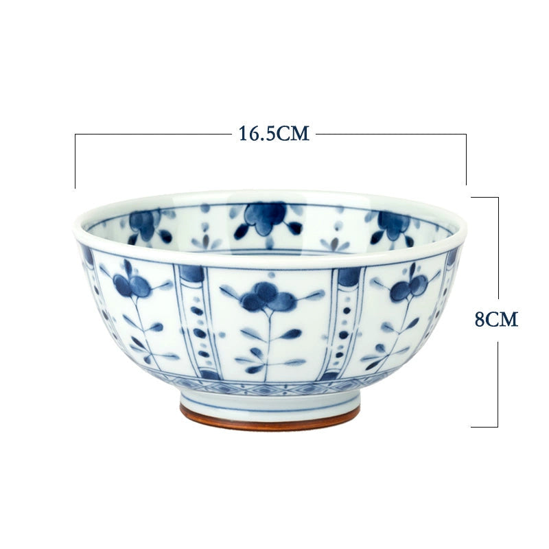 Blue and White Floral Porcelain Bowl Set: Traditional Chinese Design, 16.5cm diameter, 8cm height.