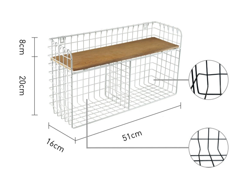 Double-tiered white metal wire wall shelf with light brown wooden top.  Provides kitchen storage.  Dimensions shown.