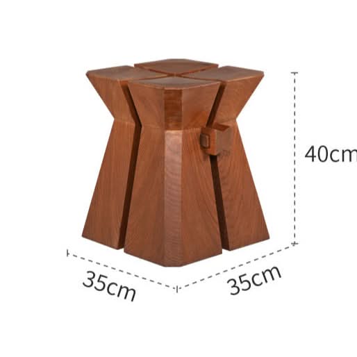 Modern geometric wooden stool with natural wood finish, 35x35x40cm.