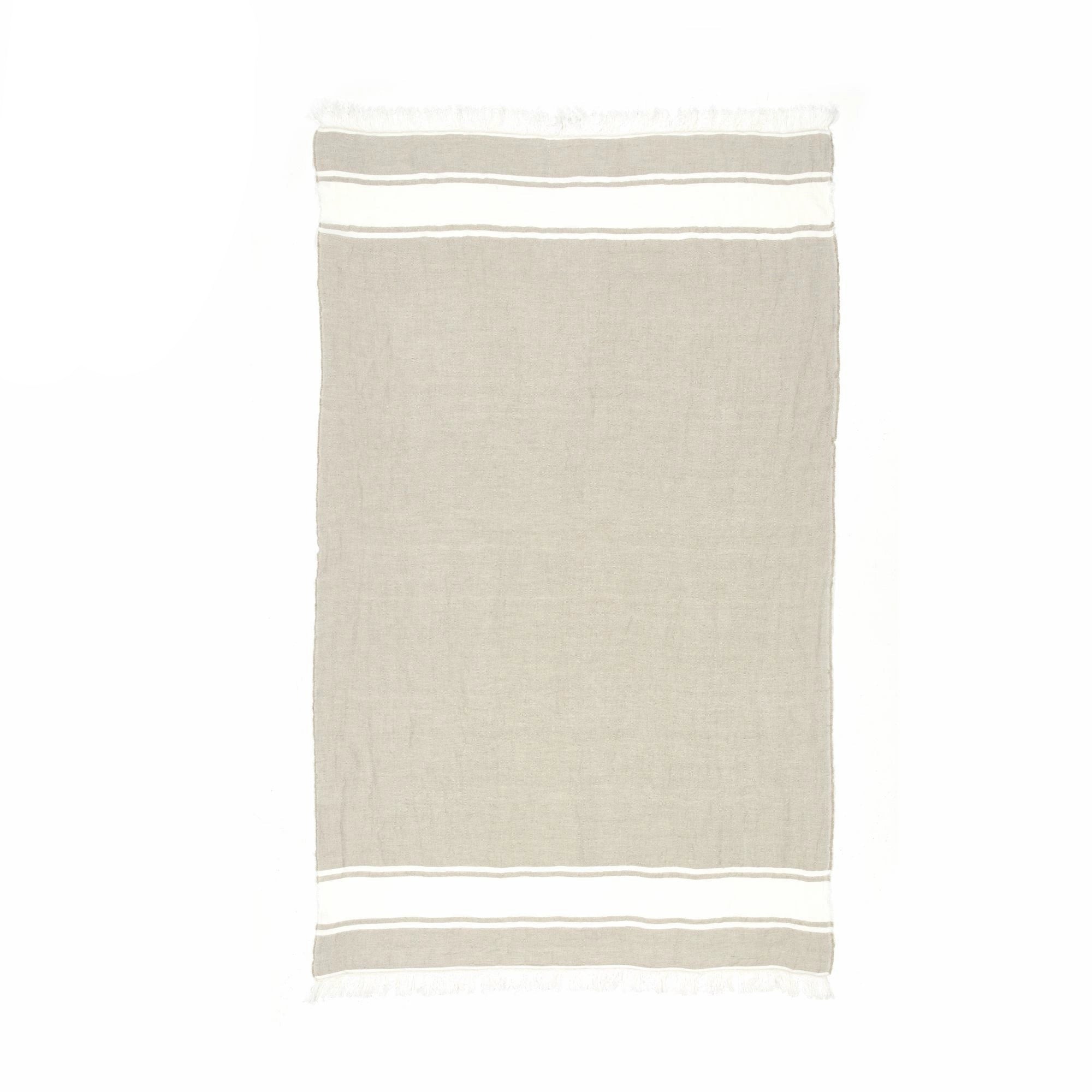 Cozy Striped Linen Throw Blanket in beige & white, soft texture, home decor accent.