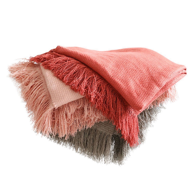 Linen Throw Blanket with Fringes - Coral, pink, and grey textured throws, cozy home decor.