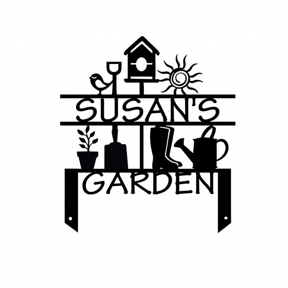 Black metal personalized garden sign with bird, sun, boots, plant, and watering can.