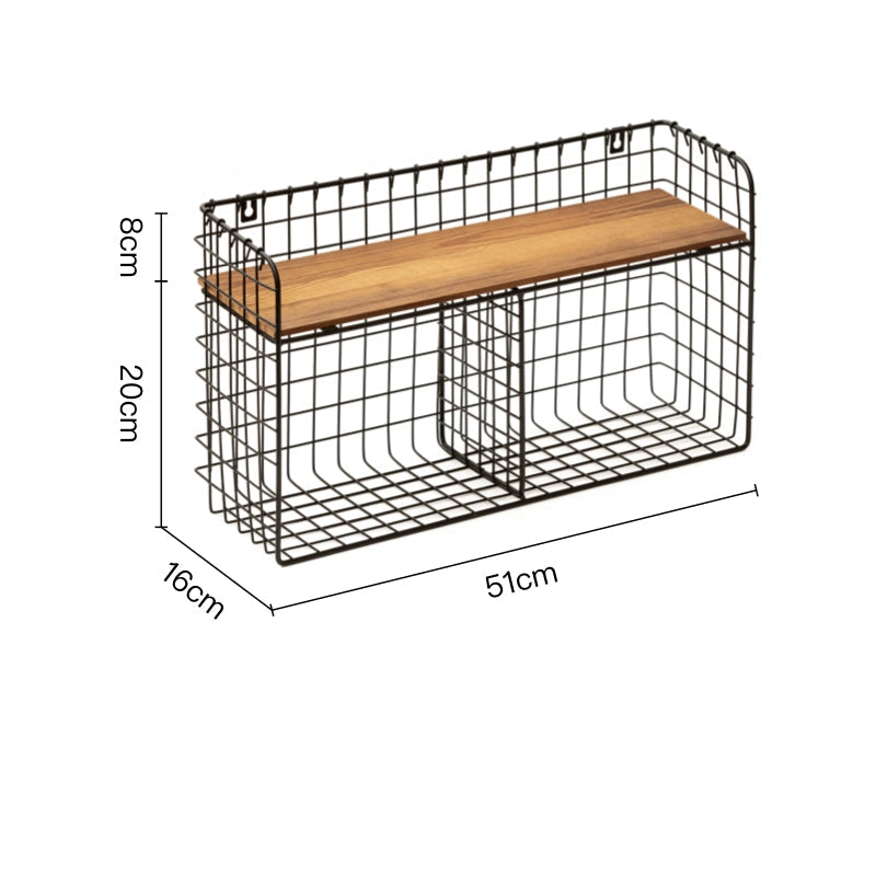 Black metal wire wall shelf with a light brown wooden top. Double tiered storage organizer.  Modern design.