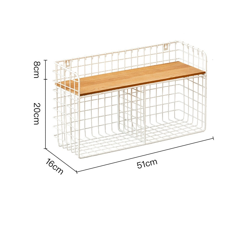 White metal wire wall shelf, double tiered, with light brown wooden top.  Modern storage organizer.