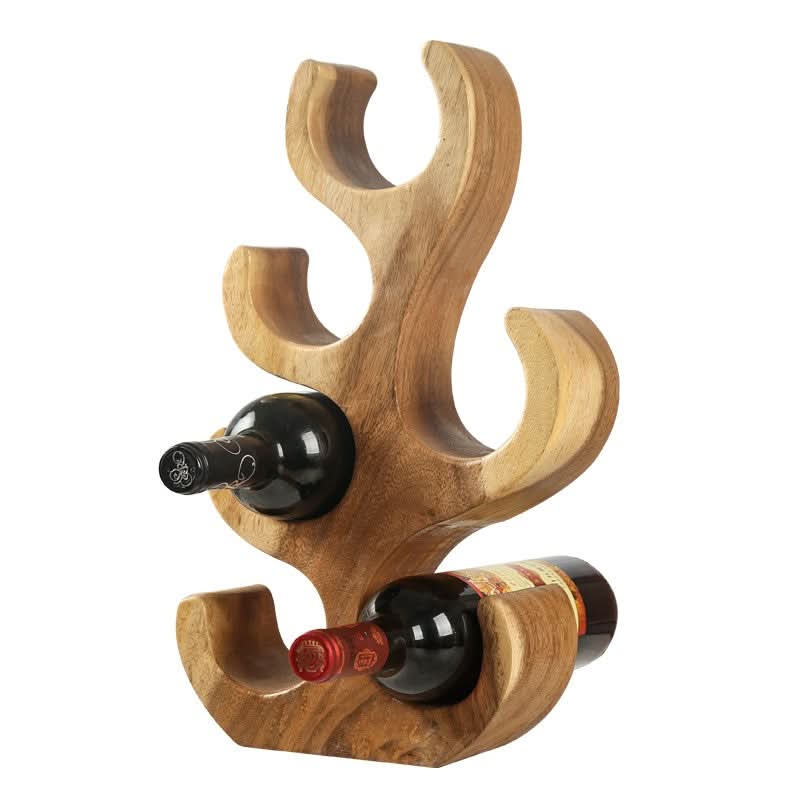 Thai Elephant Wine Rack: Rustic wooden holder with two wine bottles, natural wood finish.