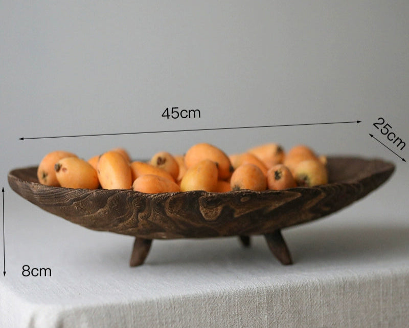 Wooden fruit bowl with loquats, showing dimensions of 45cm long by 25cm wide and 8cm high.  The bowl has a natural wood grain pattern.
