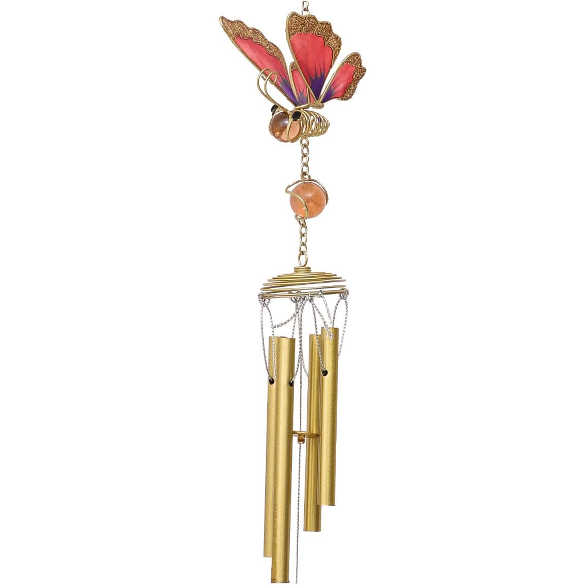 Red butterfly wind chime with gold tubes and orange beads, perfect home decor.
