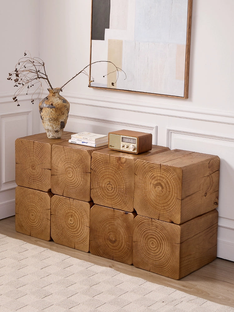 Rustic Wooden Coffee Table - Wabi-Sabi Style Log Cube Side Table