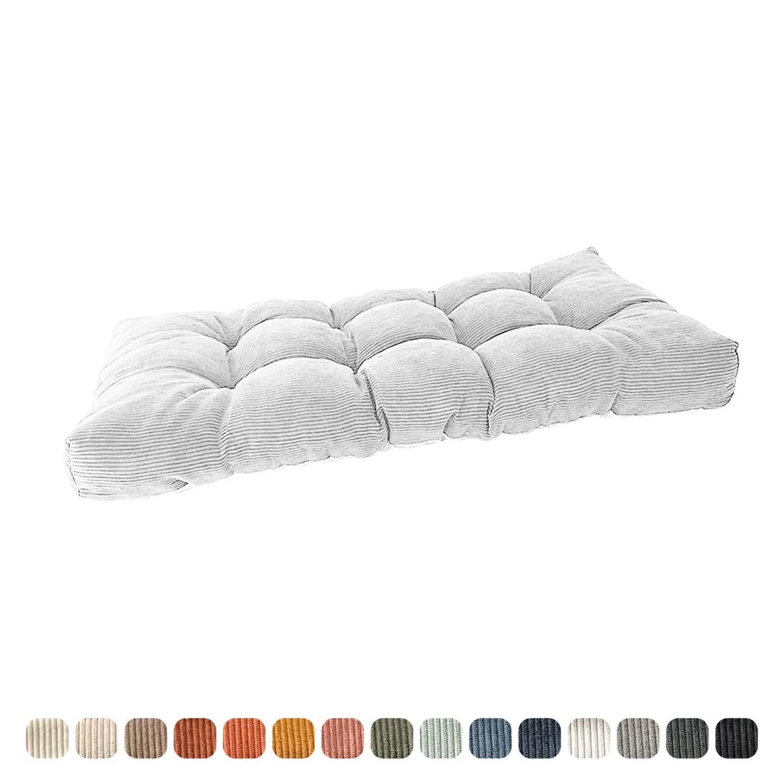 Tufted light gray and white striped cushion, angled view, with many color swatches.