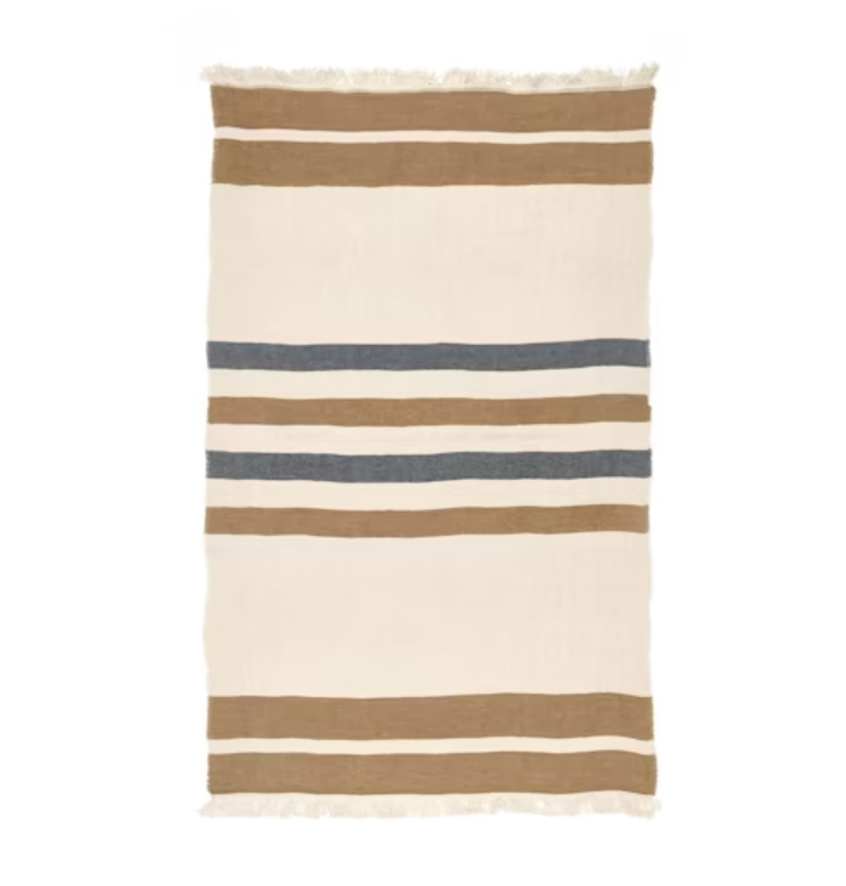 Cozy Striped Linen Throw Blanket: cream, brown, and blue stripes, fringed edges.