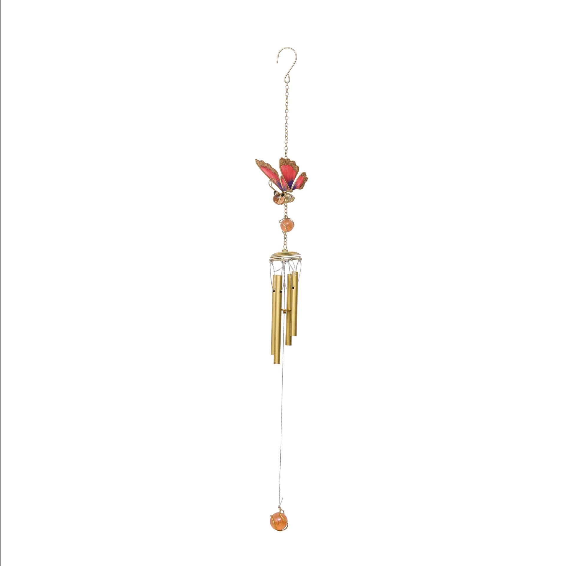 Gold metal butterfly wind chime with amber beads and brass tubes, Home Decor.