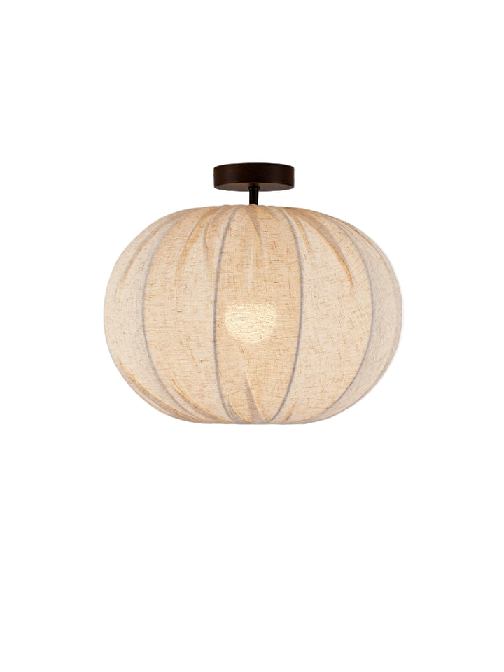 Beige linen round ceiling lamp with pleated design; modern, warm light. Dark brown metal fixture.
