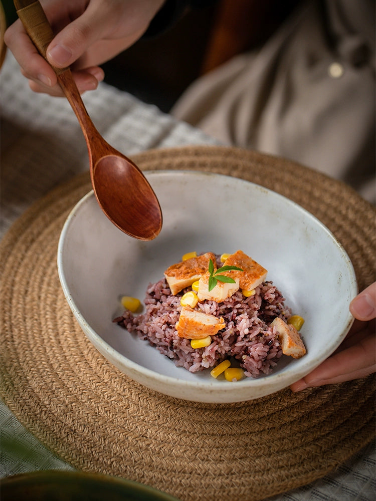 Hand-Painted Ceramic Bowls - Set of 2. Rustic bowl with rice, chicken, and corn.