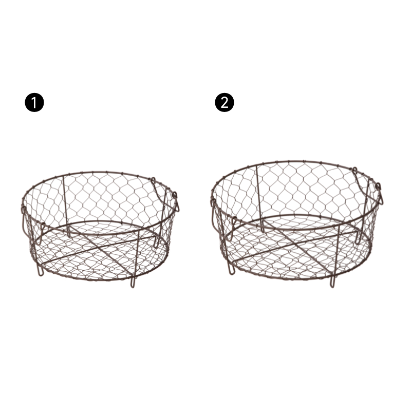 Rustic brown wire dish basket with handles.  Durable wire construction, round shape, and a chicken wire pattern.  Perfect for kitchen storage or serving.