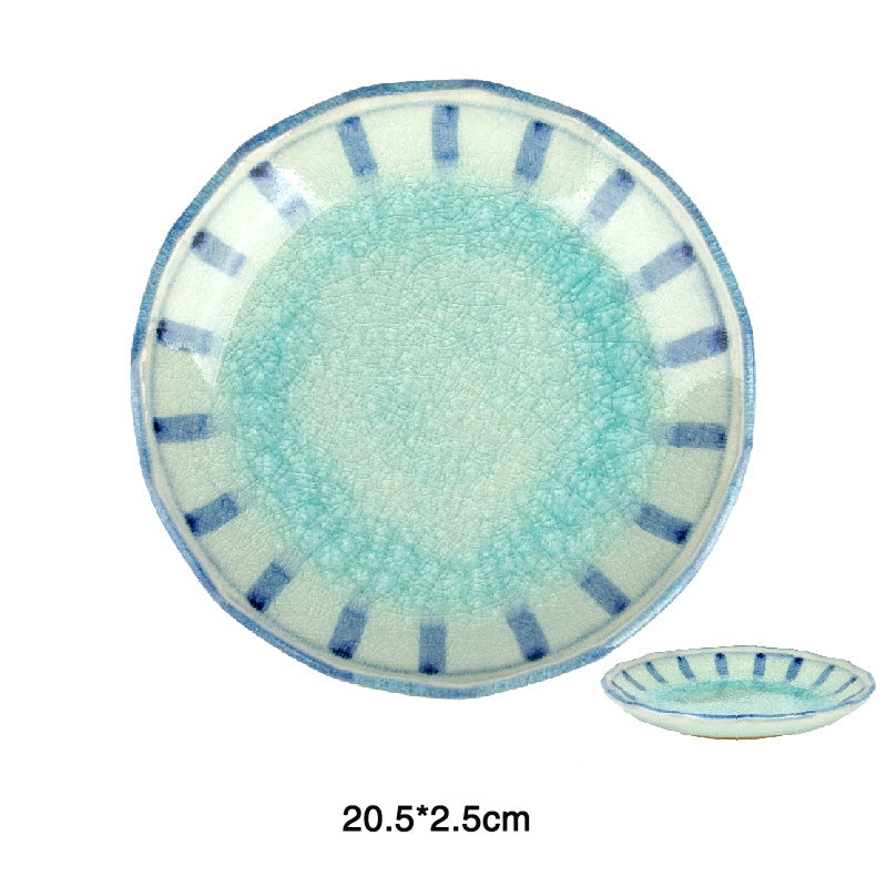 Blue and Teal Crackle Glaze Ceramic Plate Set - stylish, crackled ceramic dinnerware with blue stripes.