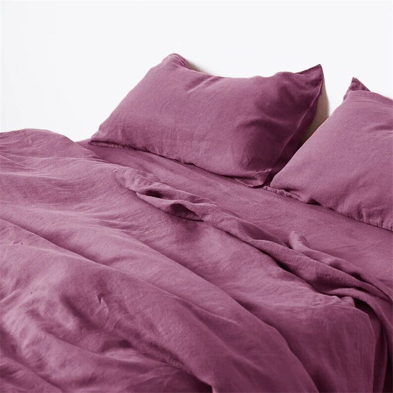Natural linen bedding set in plum purple, soft & comfortable for home decor.