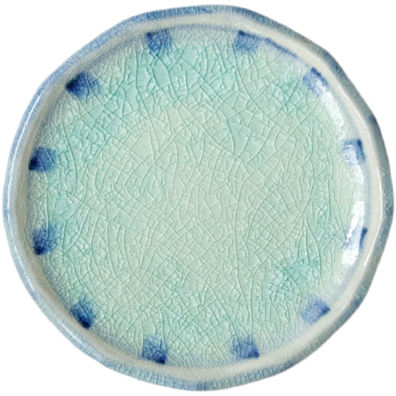 Blue and teal crackle glaze ceramic plate, stylish dinnerware.