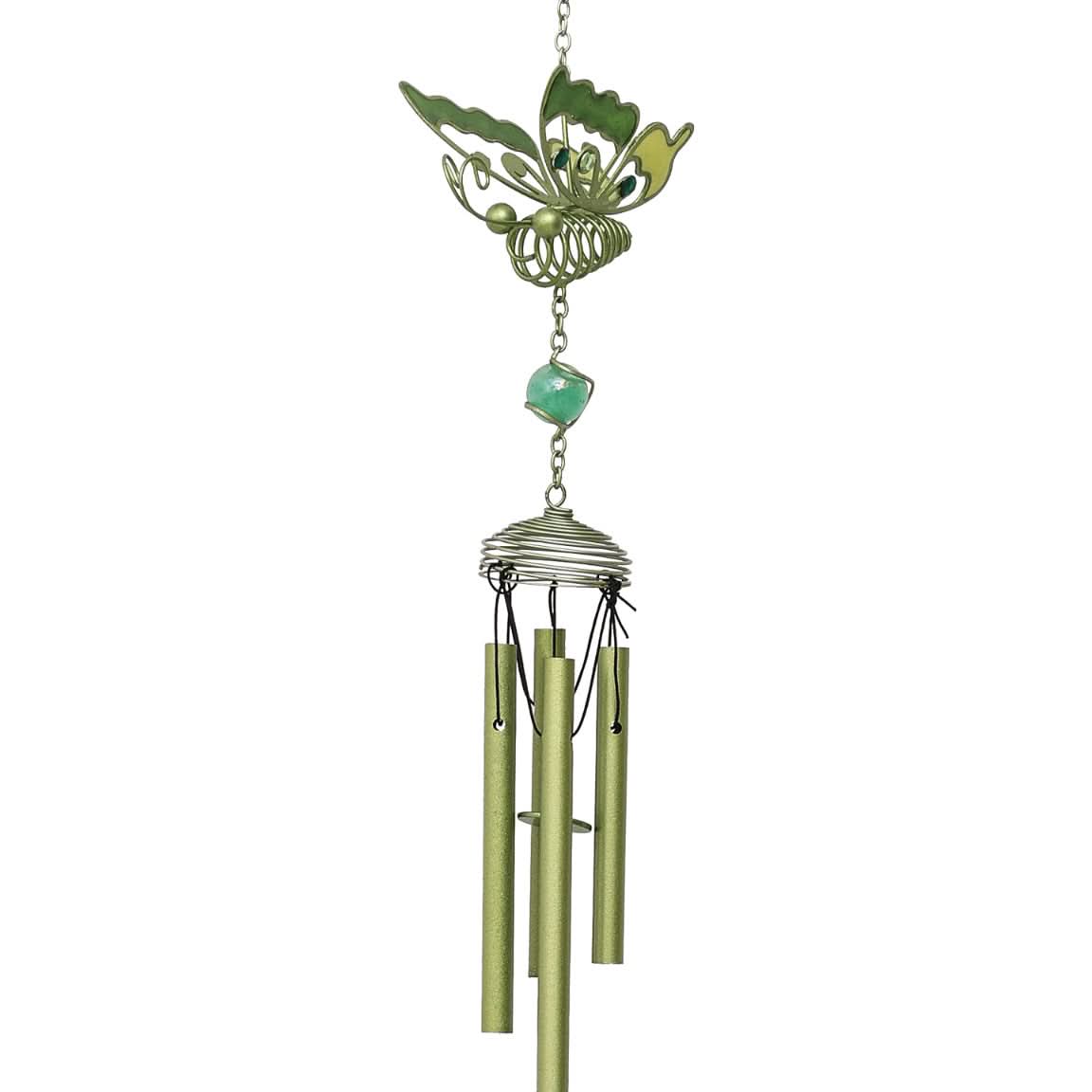Green butterfly wind chime with metal tubes and jade-like bead, home decor.