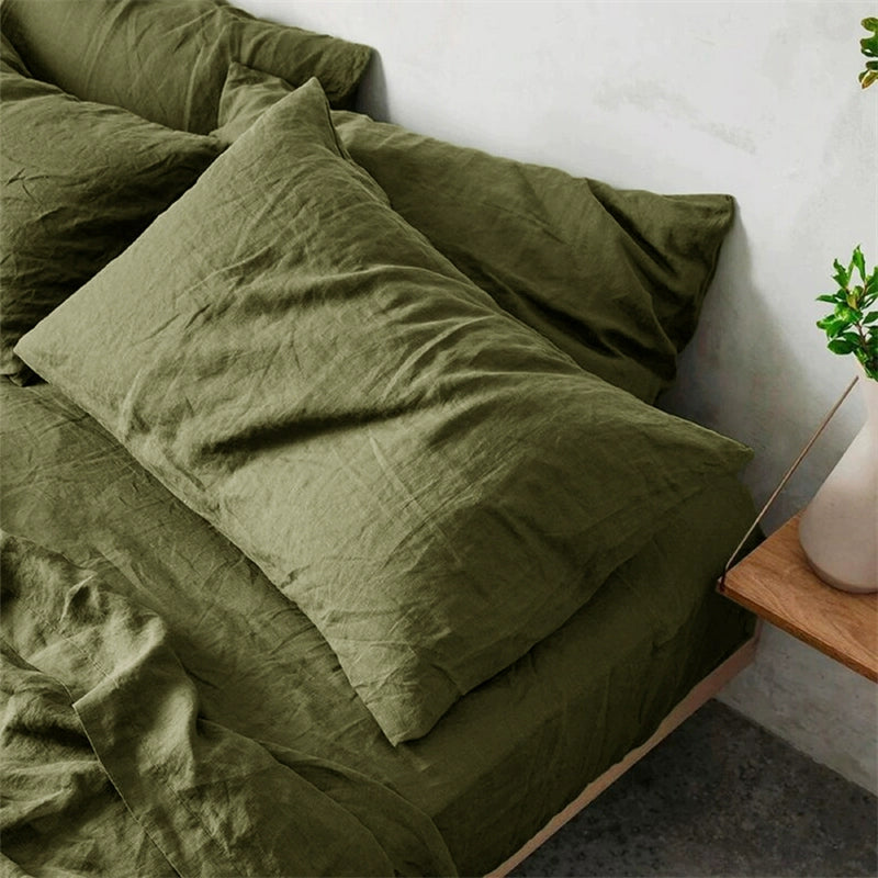 Olive green natural linen bedding set with soft, comfortable texture.