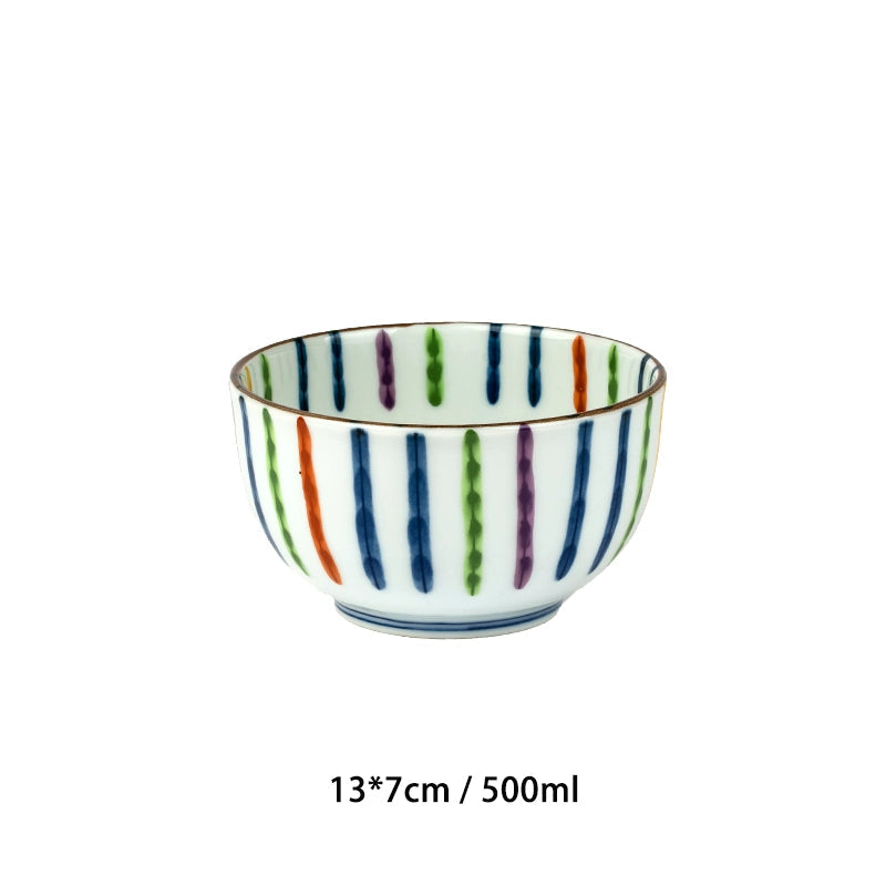 Ceramic bowl with colorful vertical stripes, part of the Japanese Dinnerware Set.