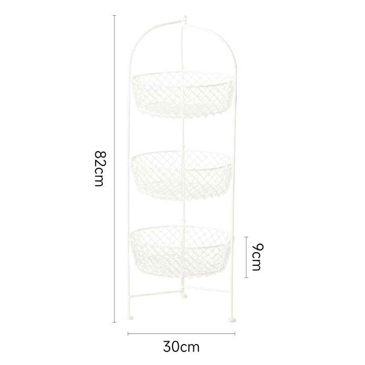 White 3-tier wire fruit basket stand; rustic design; metal wire construction; oval shaped baskets.