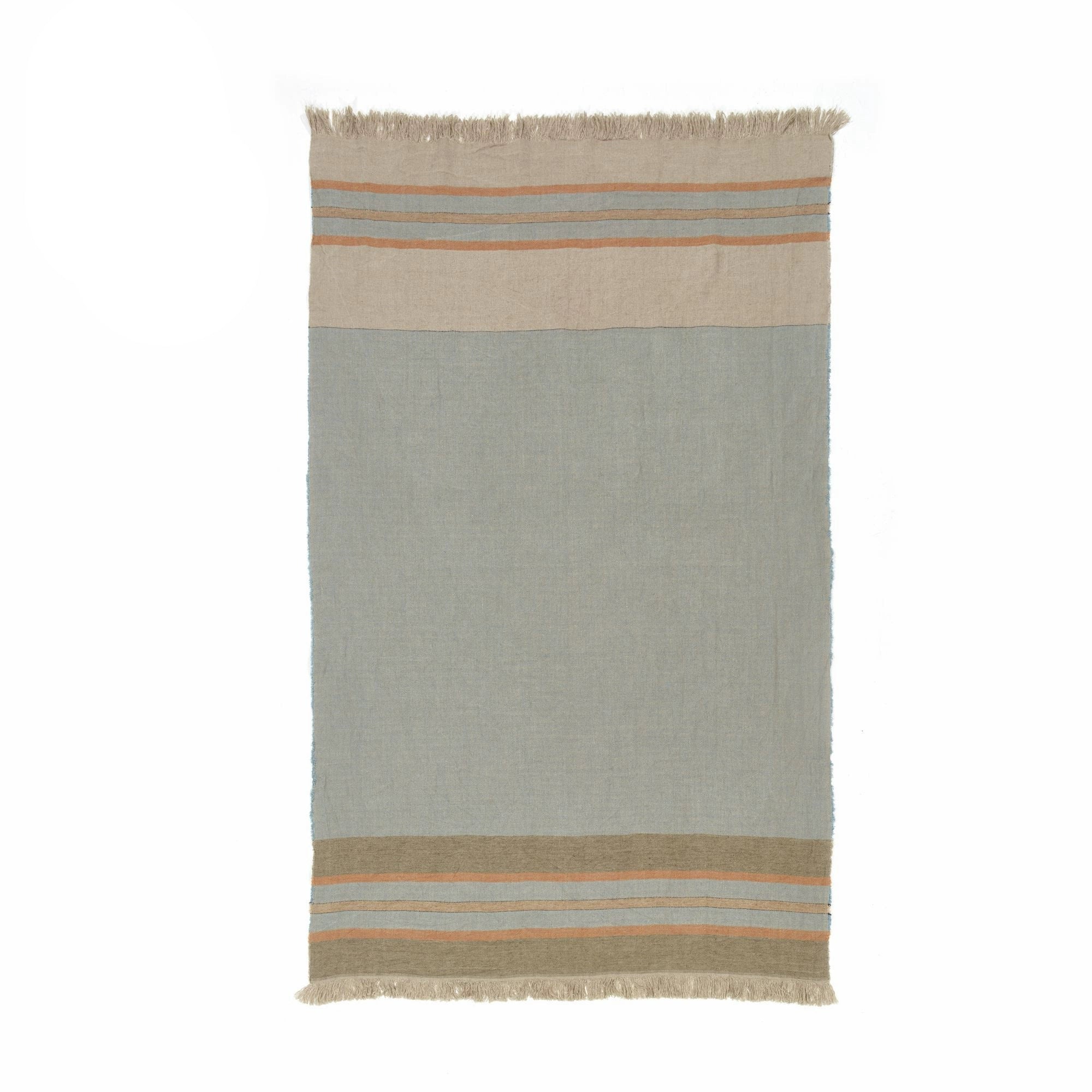 Cozy Striped Linen Throw Blanket in multicolor with fringe, perfect for home decor.