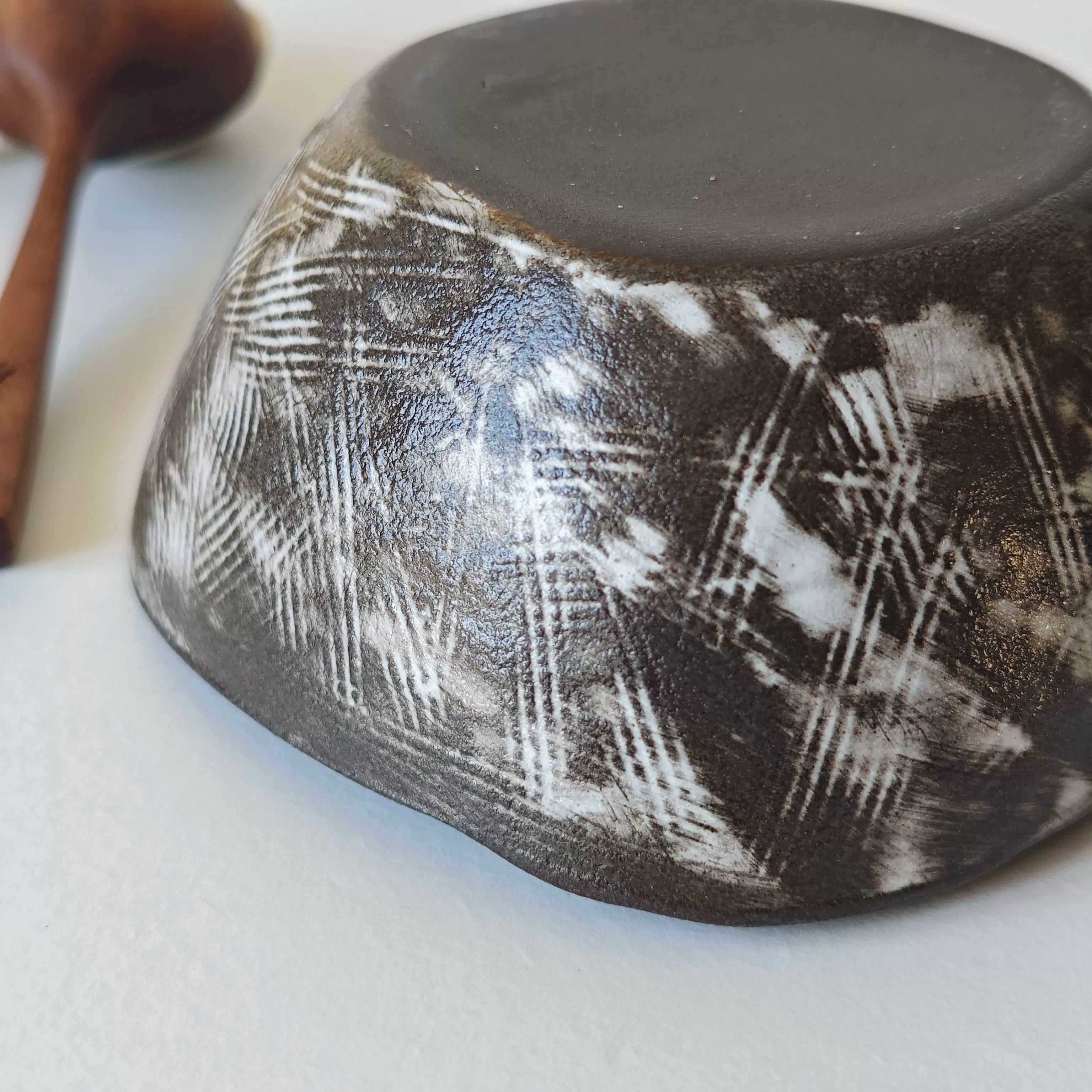 Hand-Painted Ceramic Bowl and Spoon Set - Black/White Floral Design, unique textured home decor.