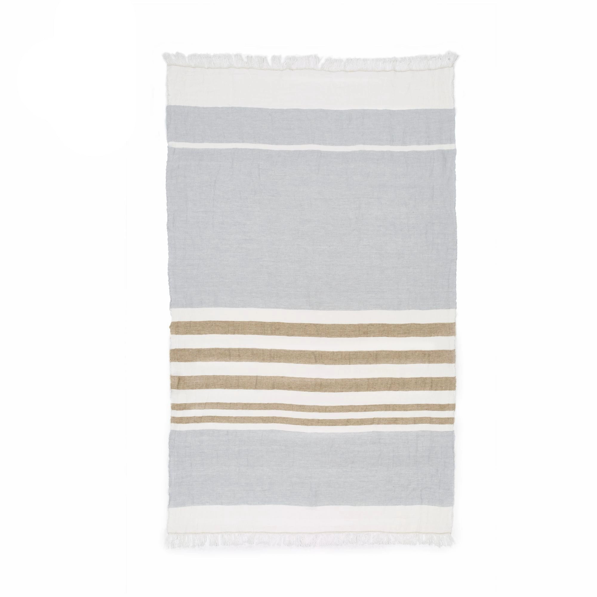 Cozy Striped Linen Throw Blanket in multicolor features horizontal stripes of white, grey, and tan.