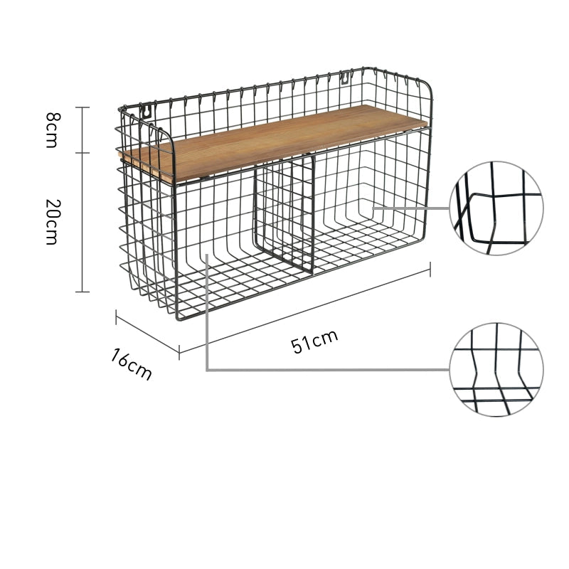 Black metal wire wall shelf, double tiered, with a wooden top.  Durable, easy-to-clean storage organizer.  51cm wide.