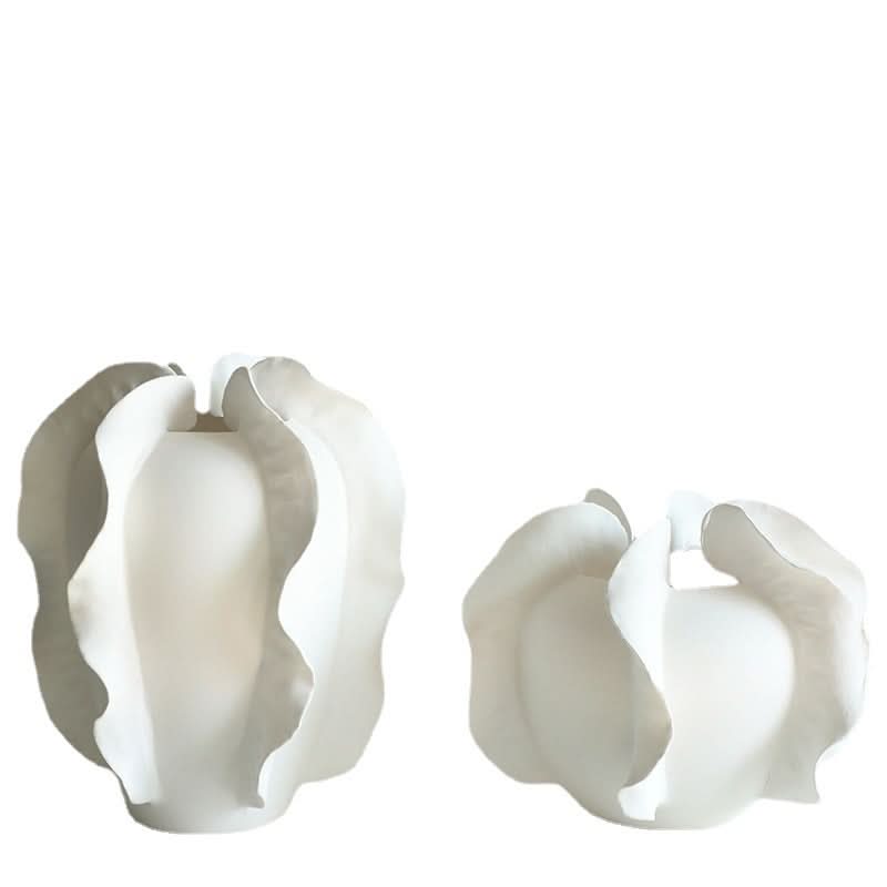White ruffled ceramic vase set, modern home decor, textured petals, sleek design