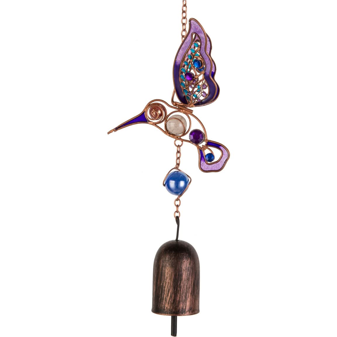 Ornate copper butterfly wind chime with stained glass accents and a bronze bell.
