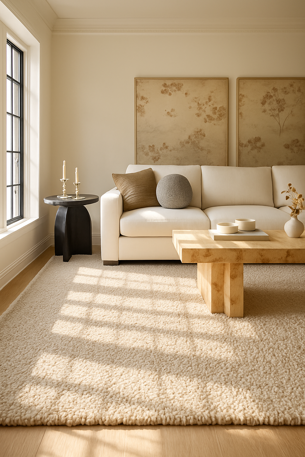 Cream hand-woven wool shaggy rug in a cozy living room setting.