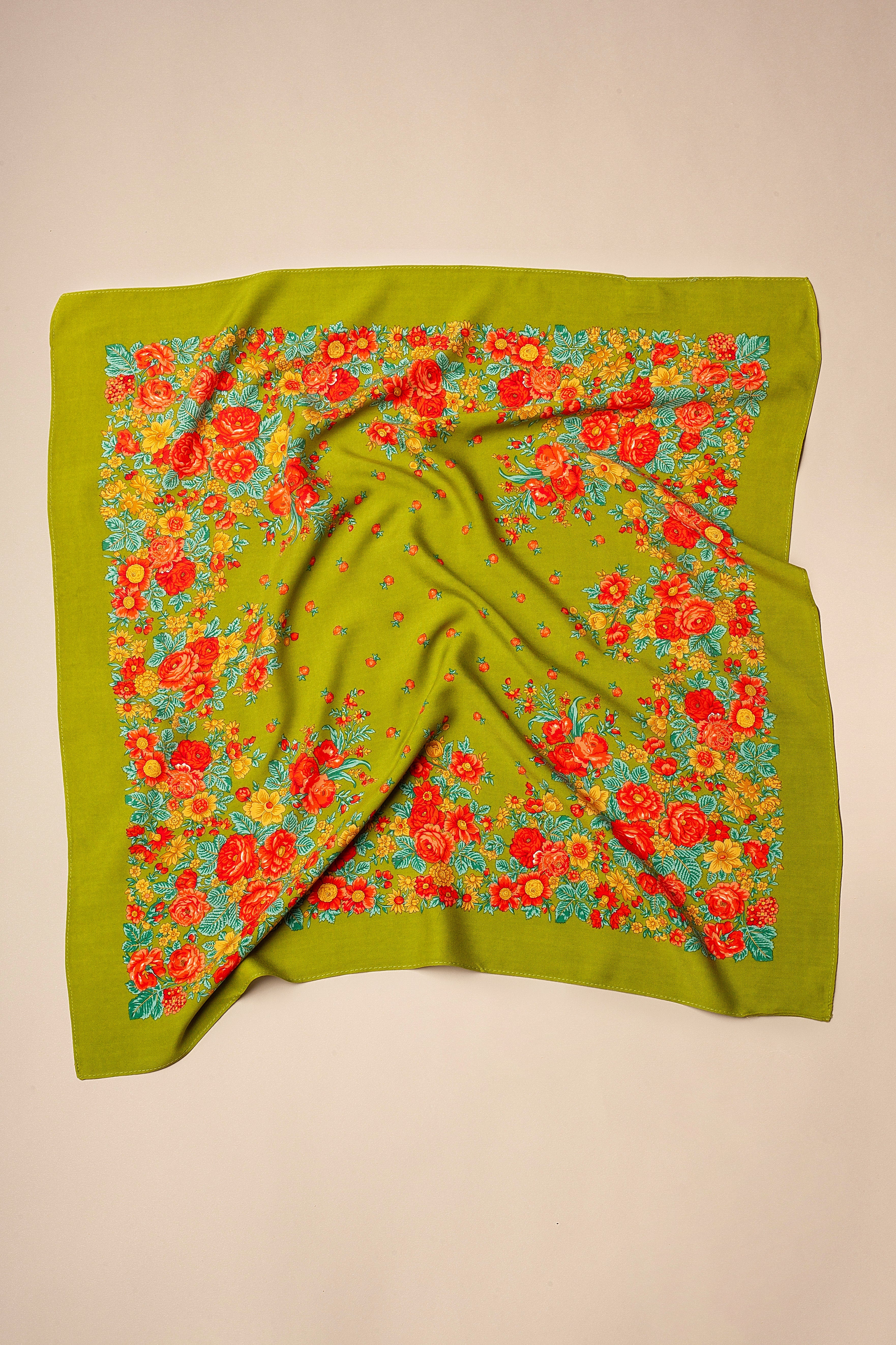 Olive Green Floral Portuguese Scarf