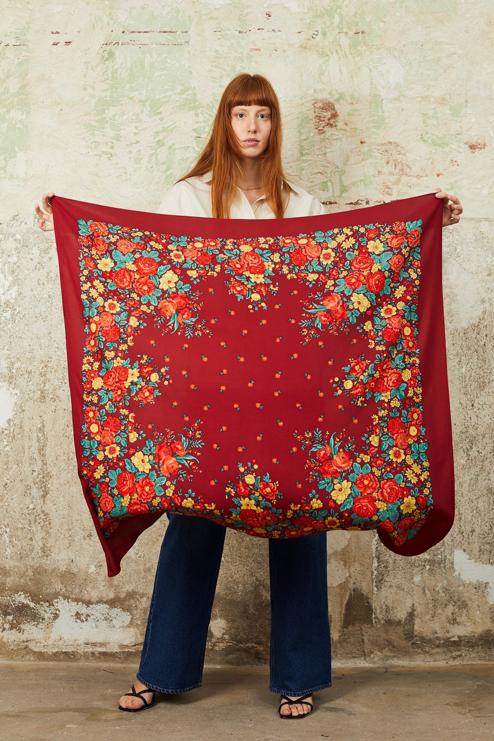 Portuguese floral scarf in maroon