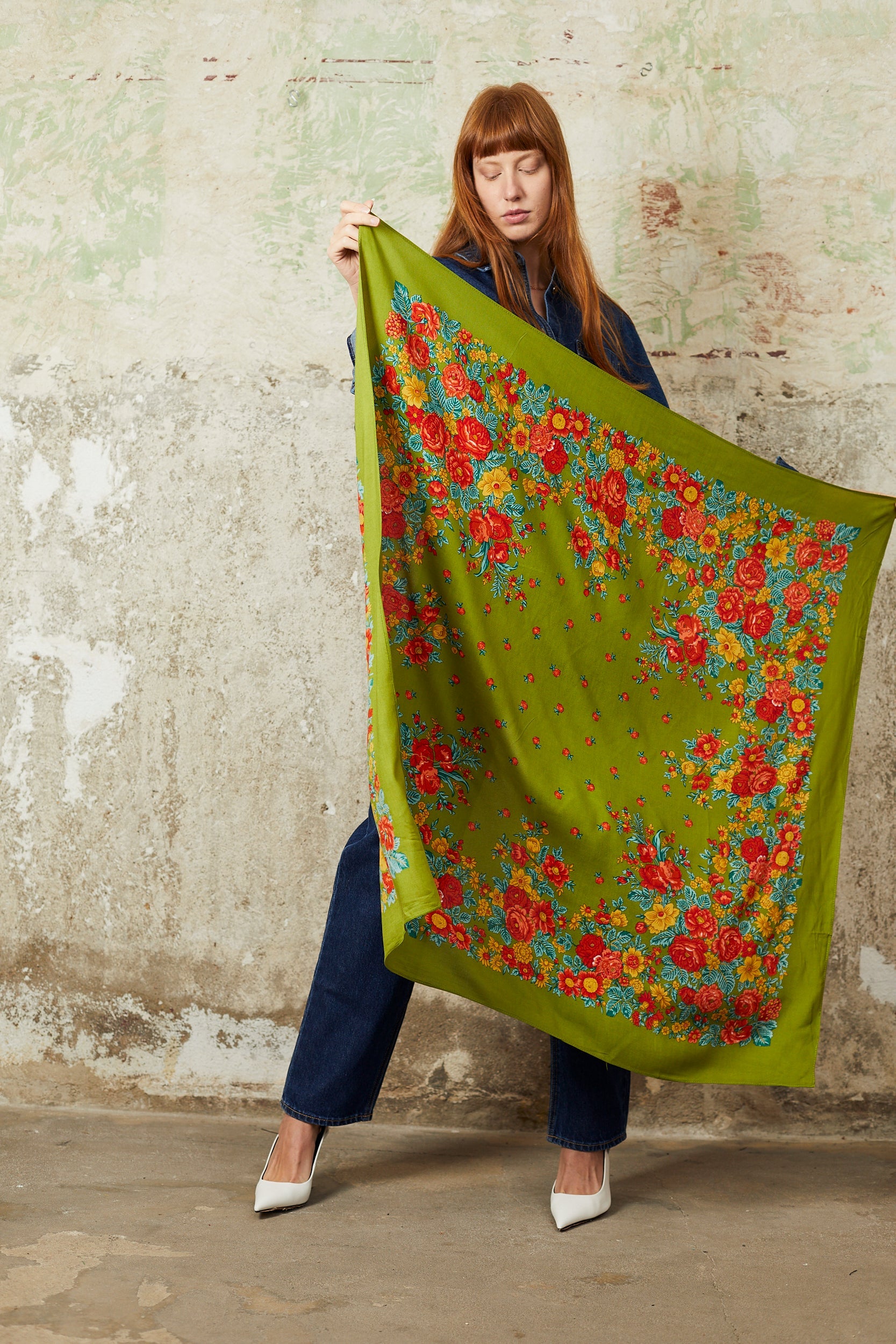 Olive Green Floral Portuguese Scarf