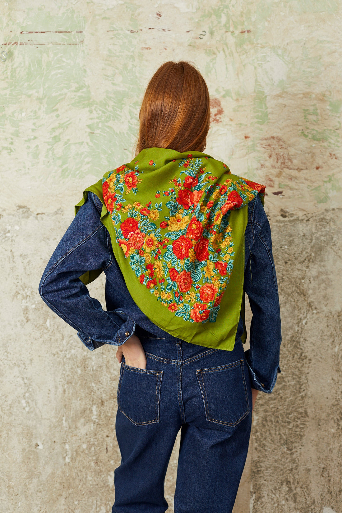 Olive Green Floral Portuguese Scarf