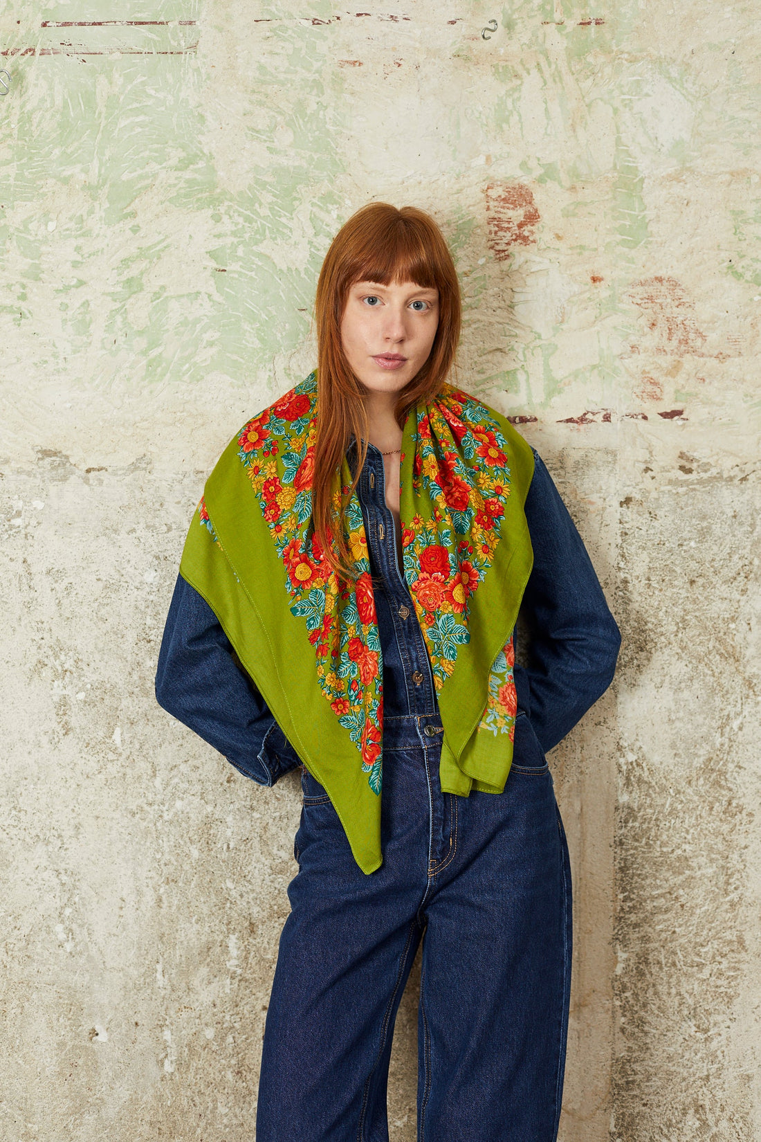 Olive Green Floral Portuguese Scarf