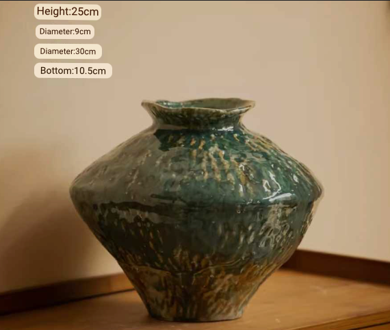 Wabi-Sabi distressed rustic vase, dark green glazed ceramic, textured finish, home decor accent.