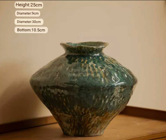 Wabi-Sabi Distressed Rustic Vases With Dark Gren Glaze