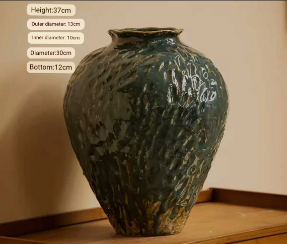 Wabi-Sabi Distressed Rustic Vase, dark green glaze, textured ceramic home decor.