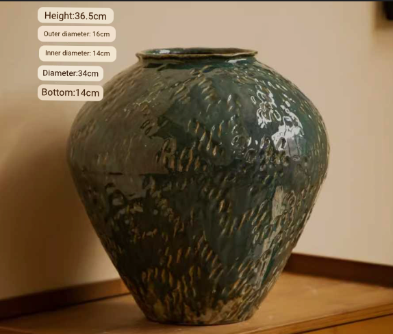 Wabi-Sabi Distressed Rustic Vase: Dark green, textured ceramic home decor with a distressed glaze.
